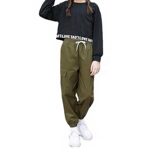 Betusline Girls 2 Piece Outfit Set LS Top Cargo Pant Black Olive Green 9-10 Yr